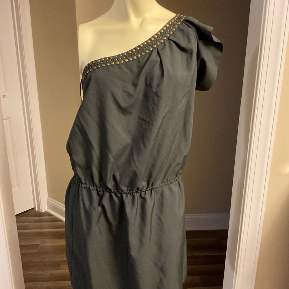 Angie Gray One-Shoulder Dress with Gold Accents